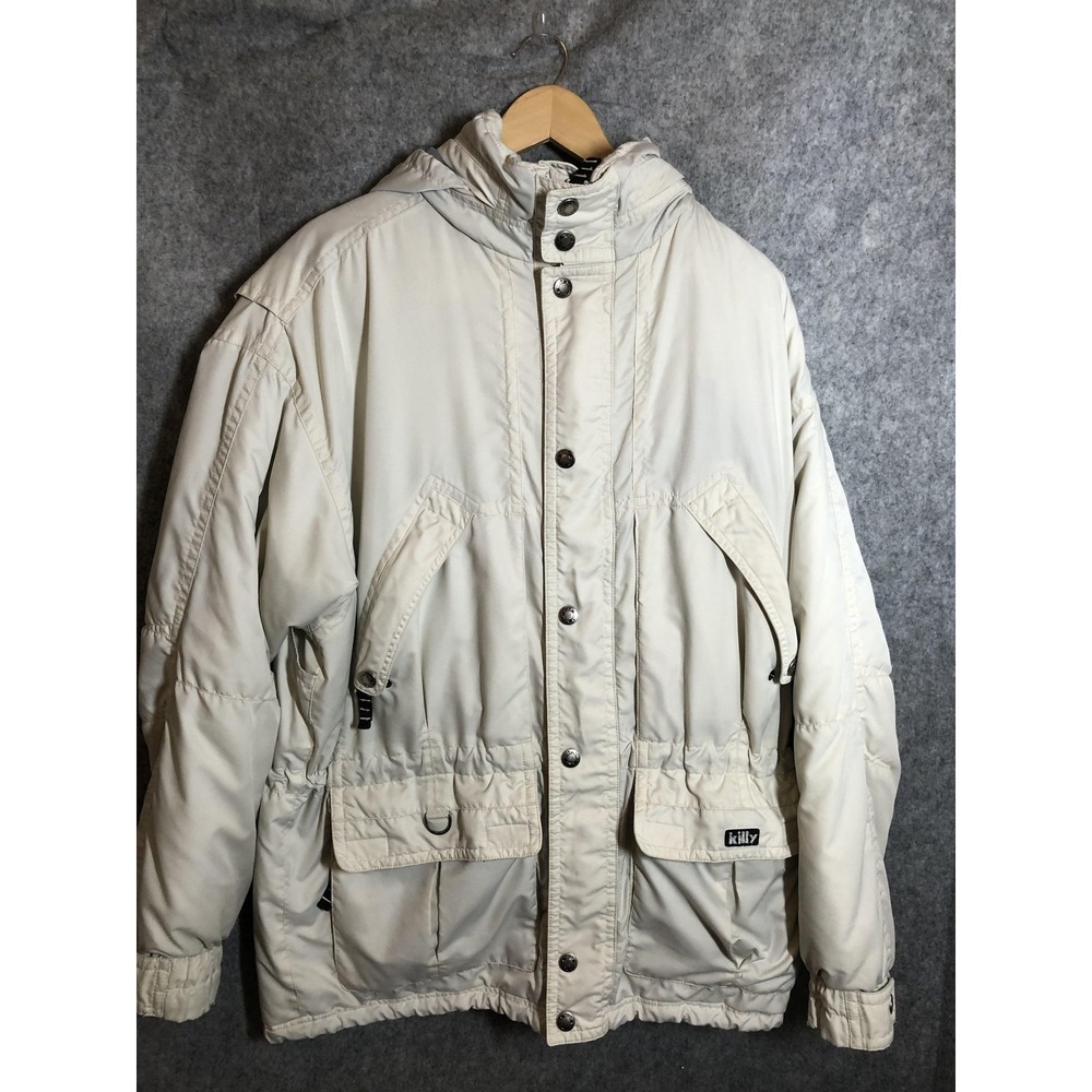 VINTAGE Killy Jacket Mens Large White Hooded Ski Snow Insulated Zip Snap‎ 90s